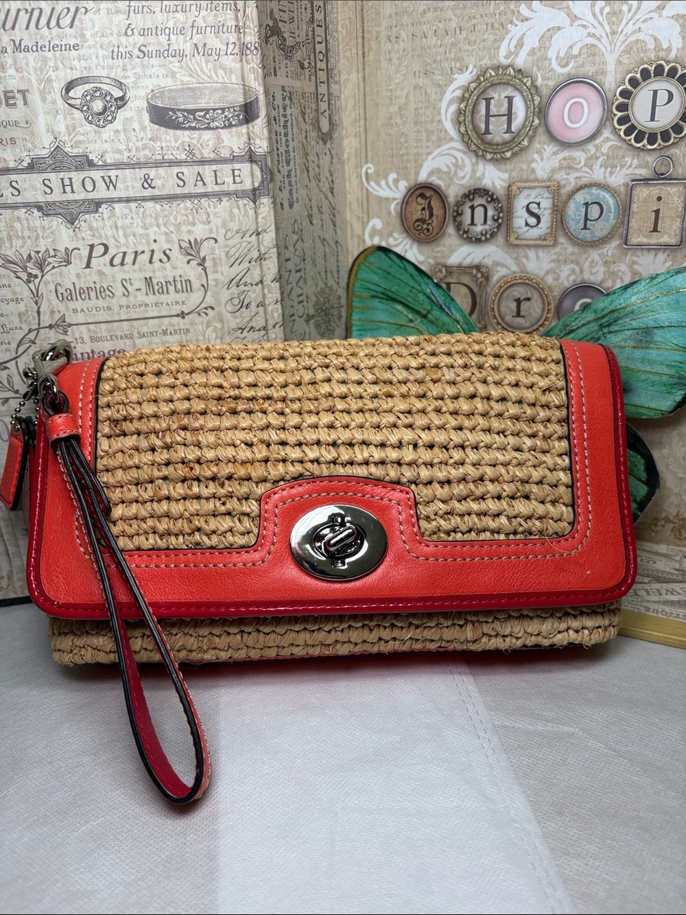 Coach Straw Raffia Woven Clutch Wristlet Wallet Bag #49103 EUC